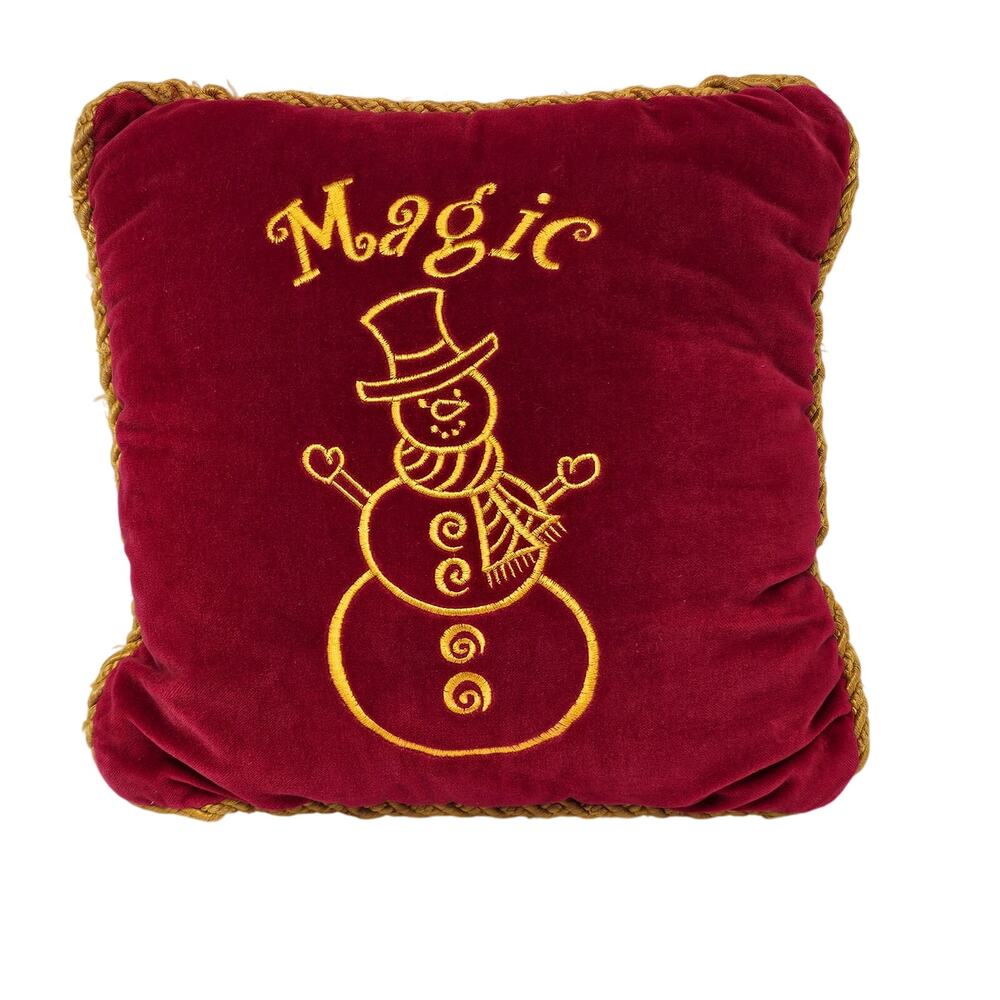 Christmas Throw Pillow Snowman Embroidered Velvet Red Gold 10 x 10 Inch Square